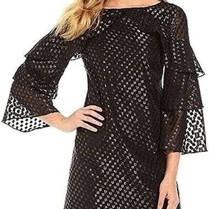 IMNYC Isaac Mizrahi Bateau Neck 3/4 Sleeve Ruffle Tier Dress Black Size M